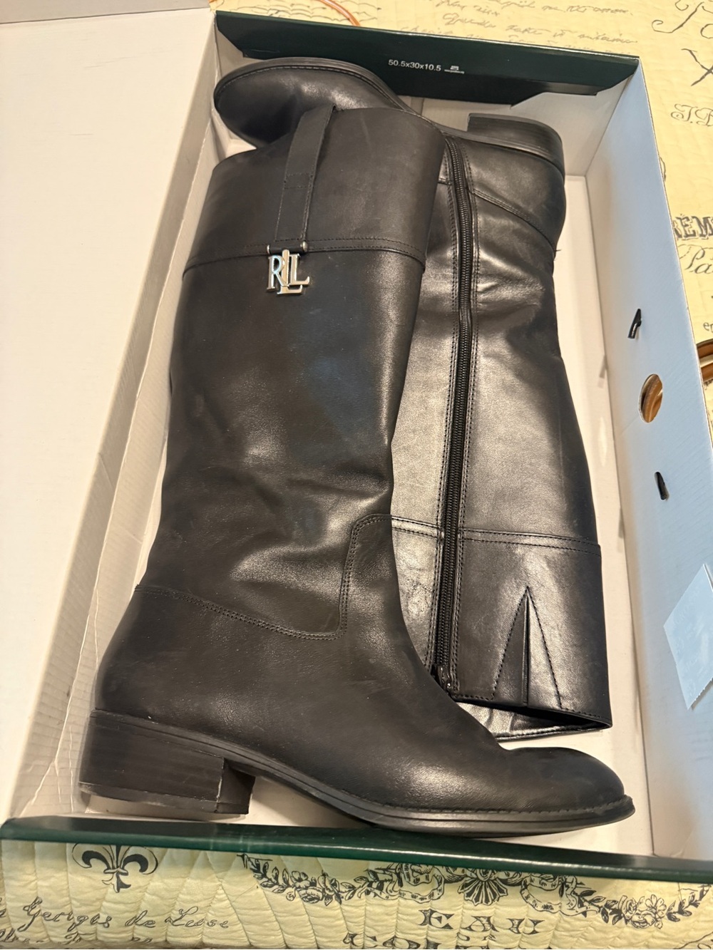 Ralph Lauren Black Leather Tall Riding Boots with RL Logo Charm (like new)